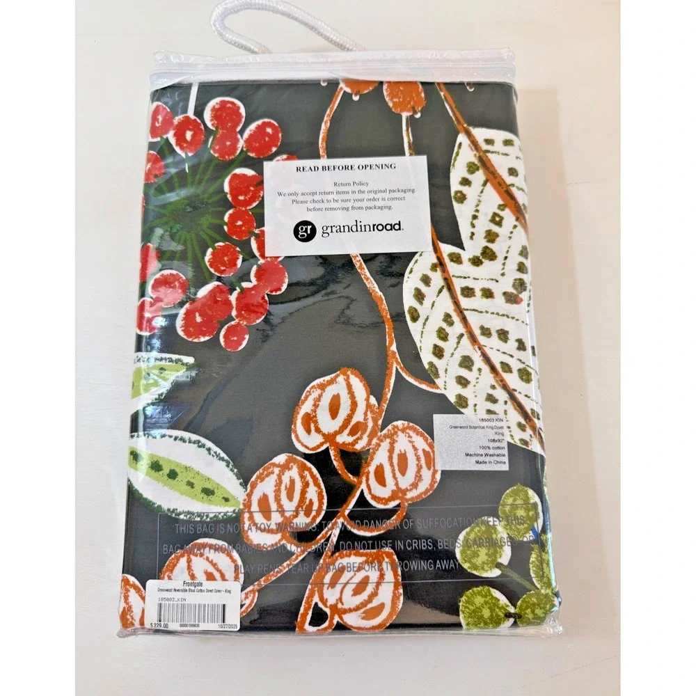 Grandinroad Frontgate‎ Greenwood Botanical King Duvet Reversible Cotton Black